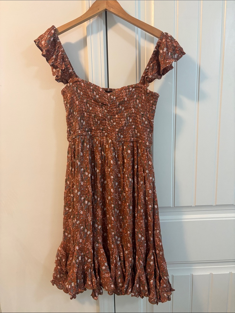 Rock & Roll Denim Smocked Rust Floral Midi Dress with Ruffle Straps size medium